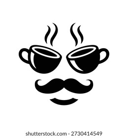 Black coffee cups with steaming mustache face