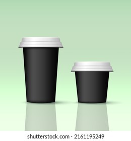 Black coffee cups with white lids mockup. Plastic cups for drinks - latte, cappuccino, espresso, tea, mocha. 3D realistic coffee cups template. 