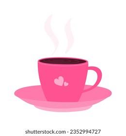 Black coffee in cute pink cup with two hearts. Hot morning drink, fresh espresso. Coffee beverage drink for breakfast isolated on white background. Flat vector illustration