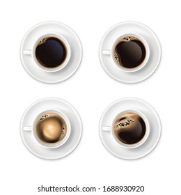 Black coffee with foam in white cups top view realistic set isolated vector illustration