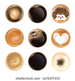 Black coffee and latte with foam art realistic isolated set isolated on white background vector illustration