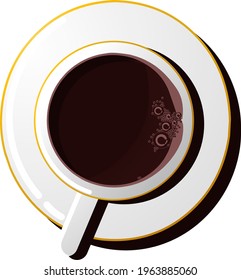 A black coffee with a little bubbles in a white set ceramic cup. A coffee cup cartoon vector illustration seen straight from above. 