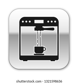 Black Coffee machine and coffee cup icon isolated on white background. Silver square button. Vector Illustration