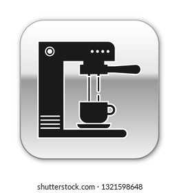Black Coffee machine and coffee cup icon isolated on white background. Silver square button. Vector Illustration