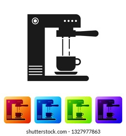 Black Coffee machine and coffee cup icon isolated on white background. Set icon in color square buttons. Vector Illustration