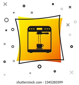 Black Coffee machine and coffee cup icon isolated on white background. Yellow square button. Vector Illustration
