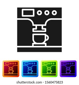 Black Coffee machine and coffee cup icon isolated on white background. Set icons in color square buttons. Vector Illustration