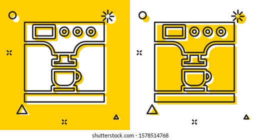 Black Coffee machine and coffee cup icon isolated on yellow and white background. Random dynamic shapes. Vector Illustration