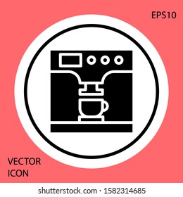 Black Coffee machine and coffee cup icon isolated on red background. White circle button. Vector Illustration