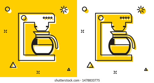 Black Coffee machine with glass pot icon isolated on yellow and white background. Random dynamic shapes. Vector Illustration