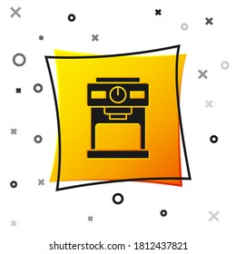 Black Coffee machine icon isolated on white background. Yellow square button. Vector.