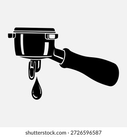 Portafiltro negro de la máquina de café con una sola gota que cae del pico, aislado en un fondo blanco.