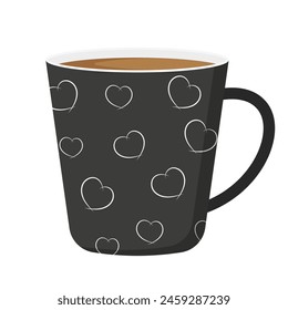 Black coffee mug. Ceramic mug with white hearts. Isolated on a white background.	

