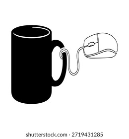Una taza de café negro con un cable de ratón de computadora que emerge de su mango, conectándose a un ratón de computadora.