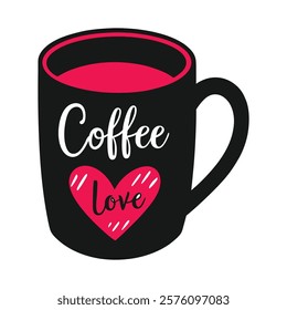 Black Coffee Mug with Heart and Love Design Element