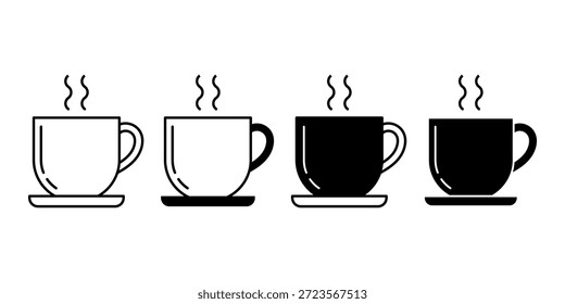 Black coffee mug icon bundle symbolizing hot beverages, cafe culture, and daily routines. Suitable for menus, packaging, branding, and lifestyle themed design projects.