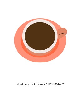 Black coffee mug. Isolated white background. Black tea in a pink Cup. The view from the top.