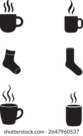 black coffee mug with steam rising silhouette and black sock