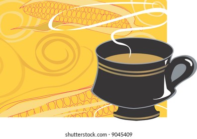 a black coffee mug in  yellow floral background	