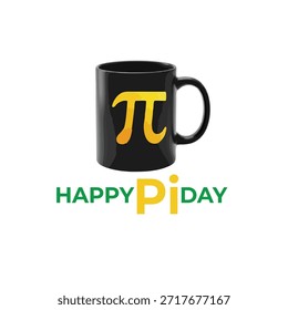 Black coffee mug with yellow pi symbol and "Happy Pi Day" text on pastel background