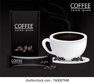 Black coffee is placed in a glass placed on a beautiful wooden table, coffee beans are smoke and heat.