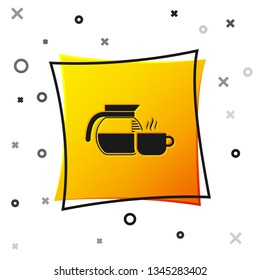 Black Coffee pot with cup icon isolated on white background. Yellow square button. Vector Illustration