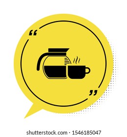 Black Coffee pot with cup icon isolated on white background. Yellow speech bubble symbol. Vector Illustration