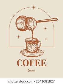 Black coffee pouring from a turk into a cup, hand drawn sketch, vector illustration