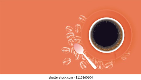 Black coffee in red background,  top view on table, coffee beans, vector