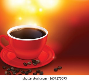 Black coffee in red cup and beans on bright blurred background realistic vector illustration