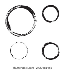 Black coffee rings, grunge circle frames, or stamp graphic elements. Stains and drops, isolated decorative design. Neoteric decor vector clipart