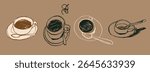 Black Coffee set. Cup, spoon, plate. Different views. Sketchy, quirky, grunge, artistic, doodle, trendy style. Aromatic, tasty coffee concept. Hand drawn Vector illustration. Isolated design elements