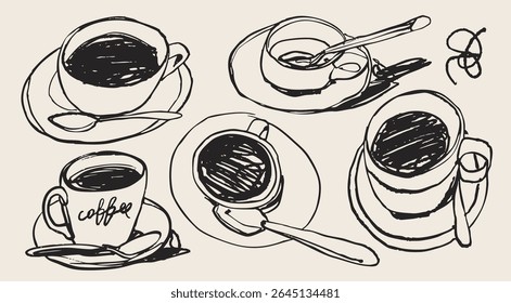 Black Coffee set. Cup, spoon, plate. Different views. Sketchy, quirky, grunge, artistic, doodle, trendy style. Aromatic, tasty coffee concept. Hand drawn Vector illustration. Isolated design elements