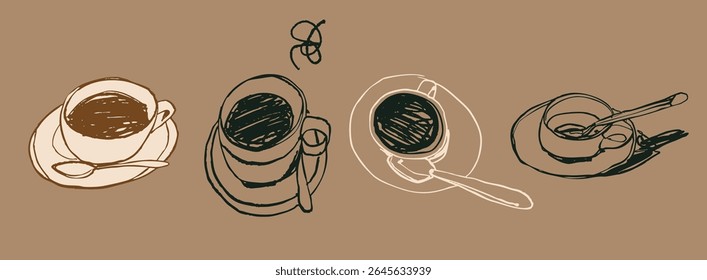 Black Coffee set. Cup, spoon, plate. Different views. Sketchy, quirky, grunge, artistic, doodle, trendy style. Aromatic, tasty coffee concept. Hand drawn Vector illustration. Isolated design elements