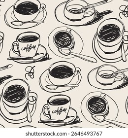 Black Coffee set. Cup, spoon, plate. Different views. Sketchy, quirky, grunge, artistic, doodle, trendy style. Aromatic, tasty coffee concept. Hand drawn Vector illustration. Square seamless Pattern