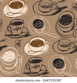 Black Coffee set. Cup, spoon, plate. Different views. Sketchy, quirky, grunge, artistic, doodle, trendy style. Aromatic, tasty coffee concept. Hand drawn Vector illustration. Square seamless Pattern