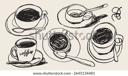 Black Coffee set. Cup, spoon, plate. Different views. Sketchy, quirky, grunge, artistic, doodle, trendy style. Aromatic, tasty coffee concept. Hand drawn Vector illustration. Isolated design elements