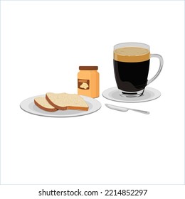 Black coffee with slices of white bread, peanut butter bottle and bread knife. Vector illustration design