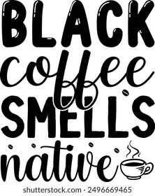 Black coffee smells native - Heartwarming vector banner with a girl and pink paper hearts, symbolizing friendship. Set against a white background, this design is perfect for greeting cards, mugs, and 