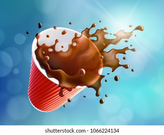 Black Coffee Splash in a Plastic Ripple Cup. Shiny Sky Background