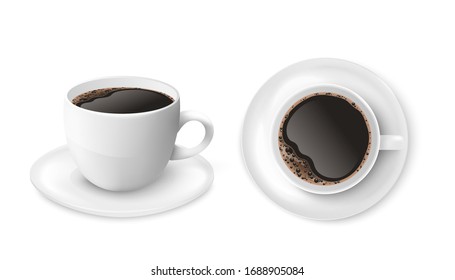 Black coffee in white cup isolated on white background seen from top and side view, realistic cafe mug and saucer set with hot drink - vector illustration