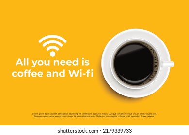 Black coffee in white cup on yellow background poster advertisement flyer Vector Illustration