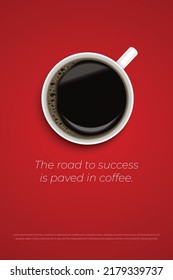 Black coffee in white cup on red background poster advertisement flyer Vector Illustration