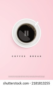 Black coffee in white cup on pink background. design for poster advertisement flyer Vector Illustration