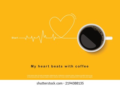 Black coffee in white cup on yellow background. design for poster advertisement flyer concept. Vector Illustration
