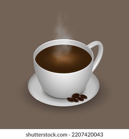  black coffee, with white cup and saucer, realistic with smoke and coffee beans, vector illustration 3d