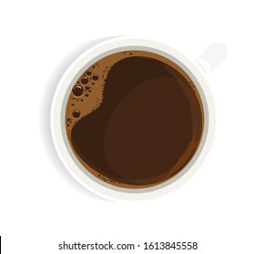 Black coffee in white cup top view realistic illustration. Strong coffee without milk isolated on white background. Fresh espresso, americano hot beverage. Invigorating morning drink.