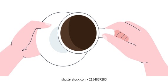 Black coffee in a white cup. Top view of hands holding a cup of tea. Flat vector illustration. eps10