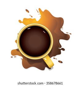 Black coffee in yellow mug, top view