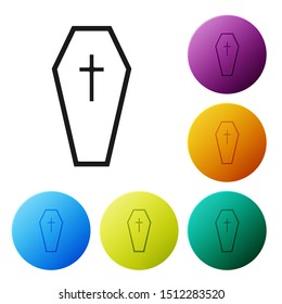 Black Coffin with christian cross icon isolated on white background. Happy Halloween party. Set icons colorful circle buttons. Vector Illustration